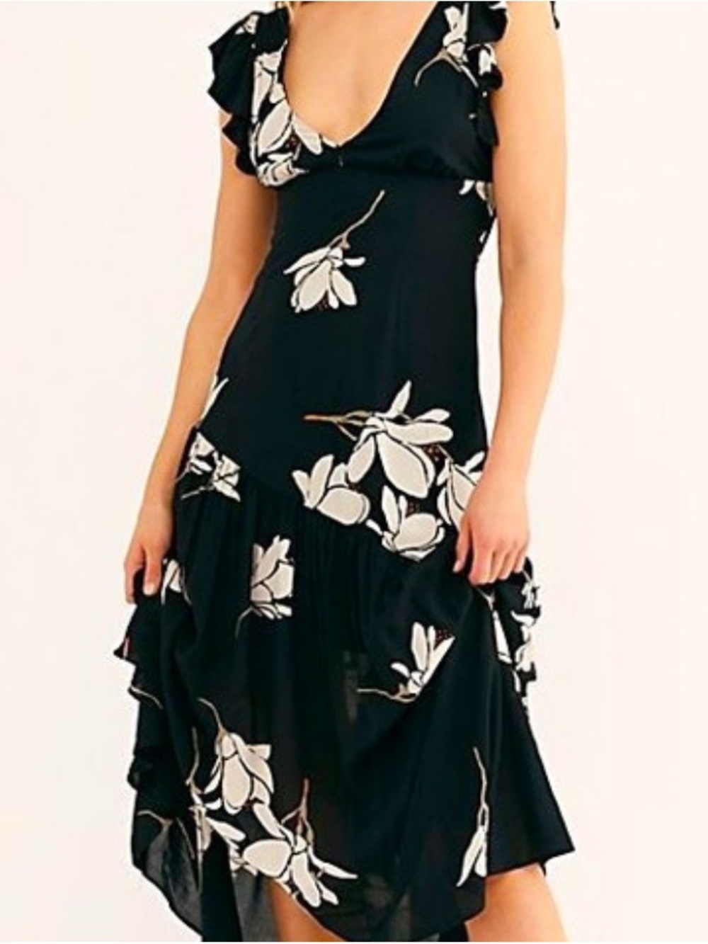 Free People Black Midi Dress with White Floral Print